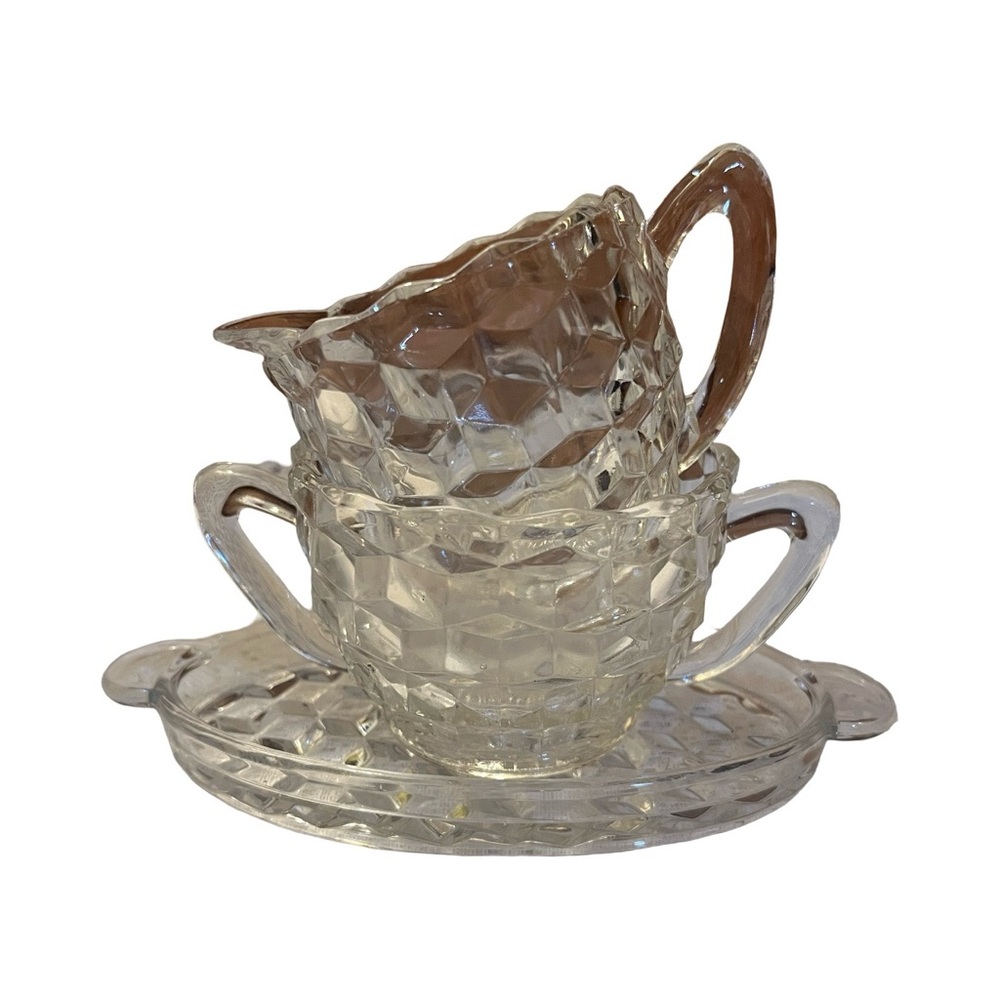 Fostoria Cut Glass Creamer and Sugar Set with Tray - Diamond Cubist Pattern